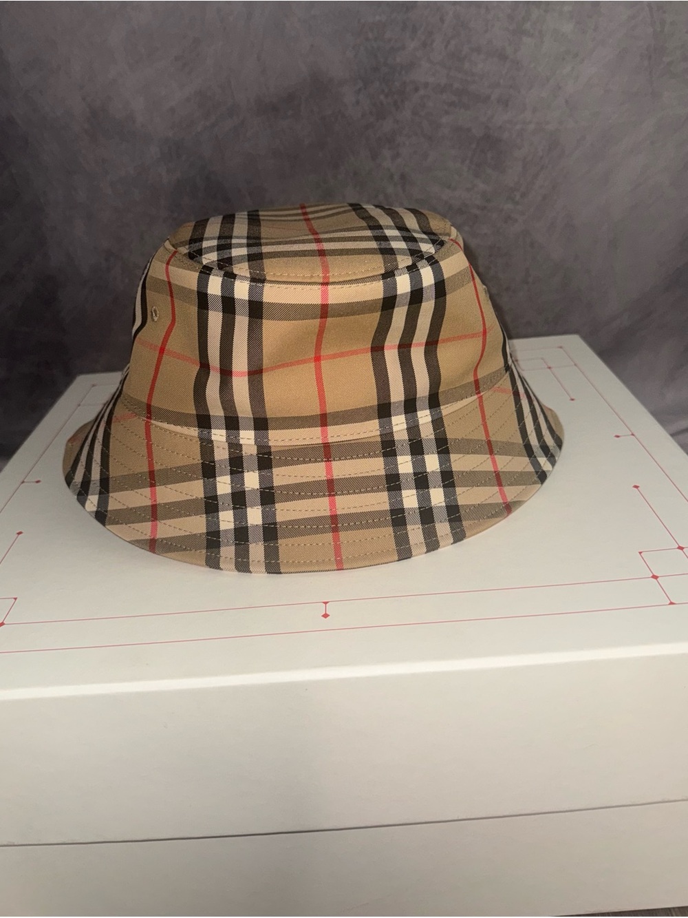 Burberry Beige Plaid Bucket Hat with Black & Red Stripes